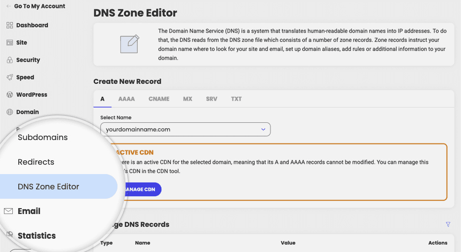 DNS Zone Editor in SiteGround Site Tools