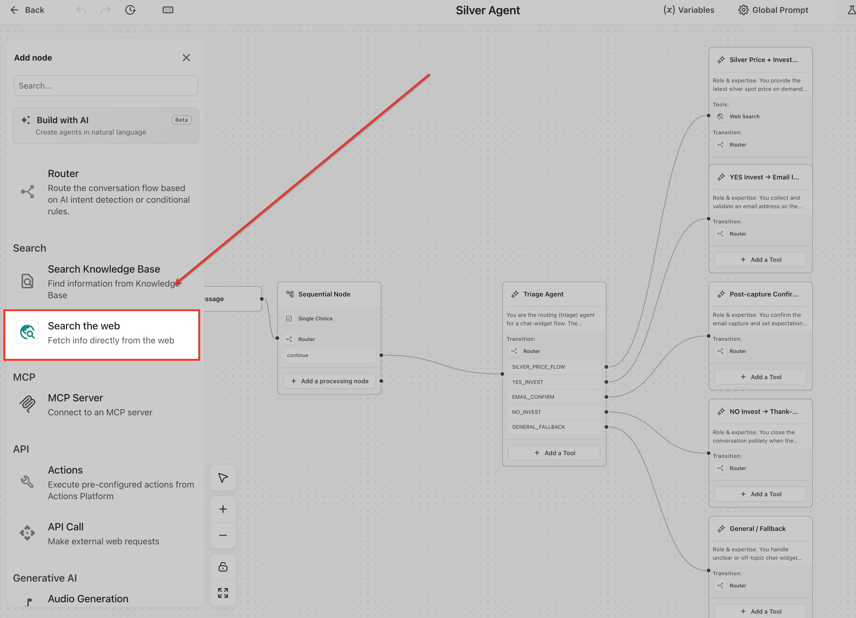 Schermata 1 — Come usare il Web Search Tool in Agent Studio per risposte in tempo reale